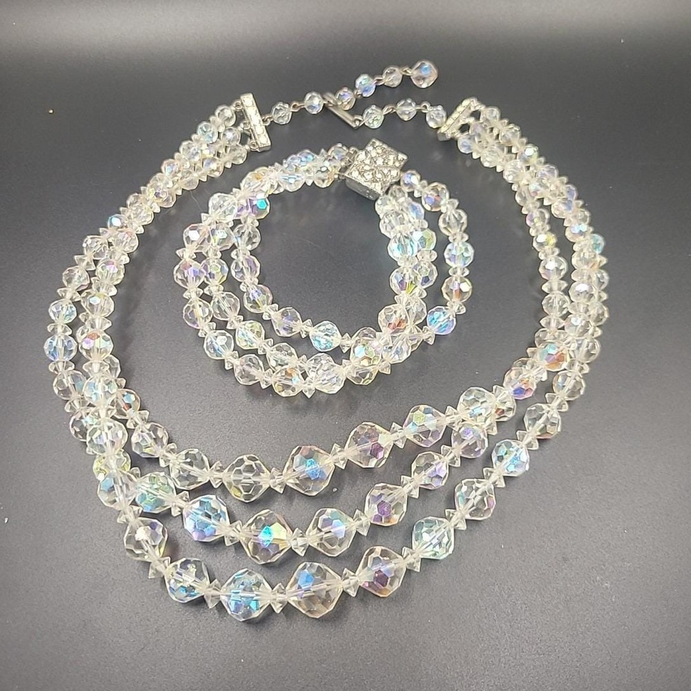 Vintage 1950s Aurora Borealis Crystal Choker & Bracelet Set - Triple Strand